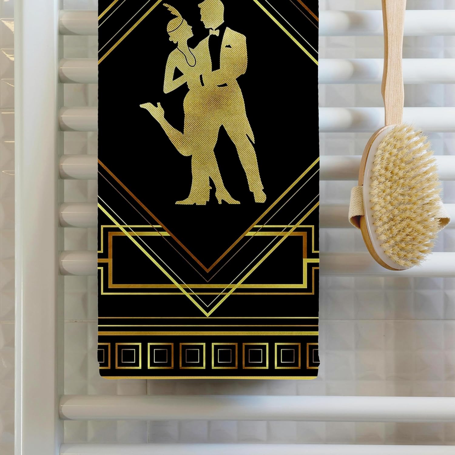 3dRose Image of Dancing Roaring Twenties Couple in Black Gold Geometric 22x30 Bath Hand Pool Towel