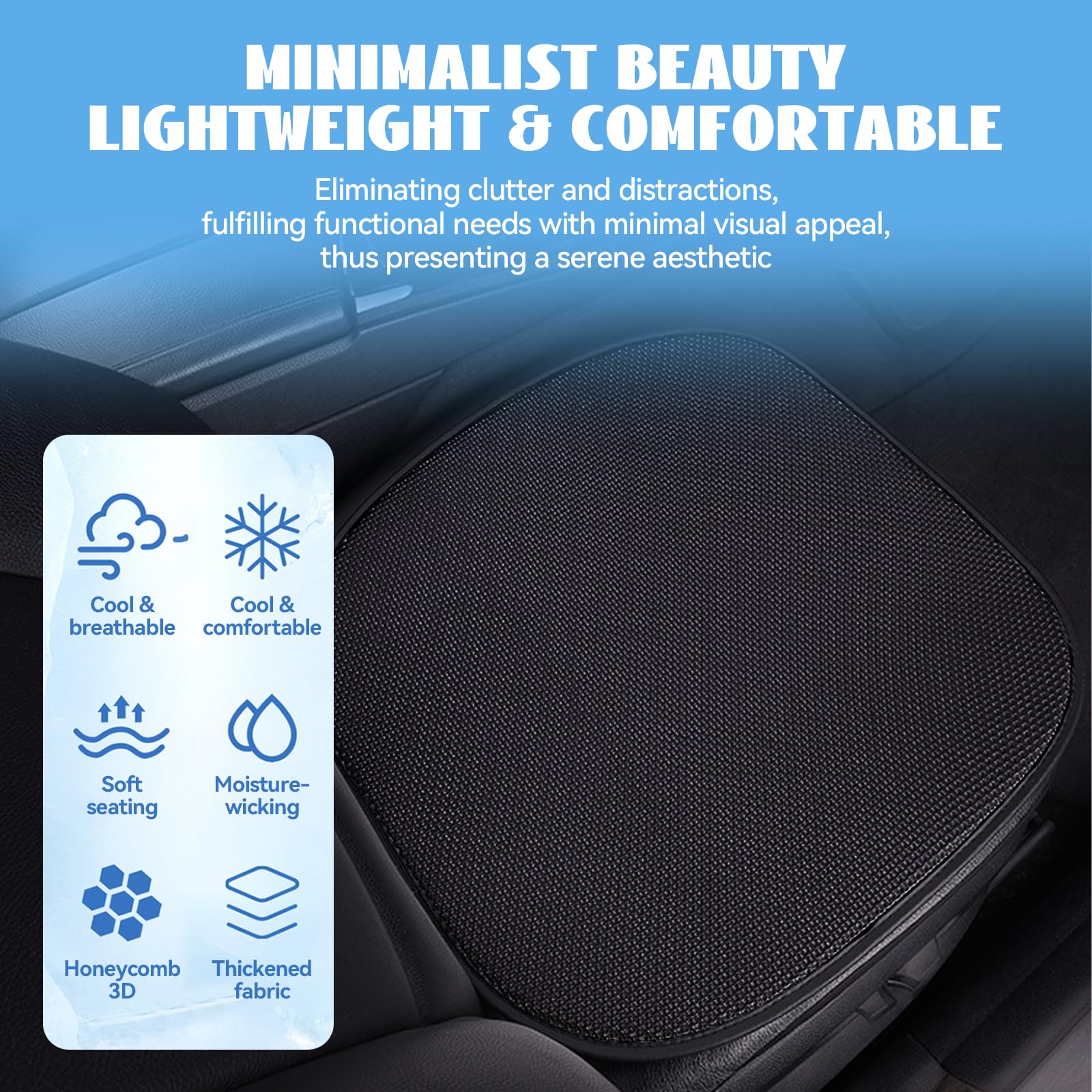 Universal Sitzkissen Auto Vordersitze, 50 x 50cm Anti Rutsch Autositzschoner, Sitzkissen Auto Vordersitze Atmungsaktiv, Cooles Gelkissen Honeycomb Design, für Autos, SUV, LKW (Schwarz)
