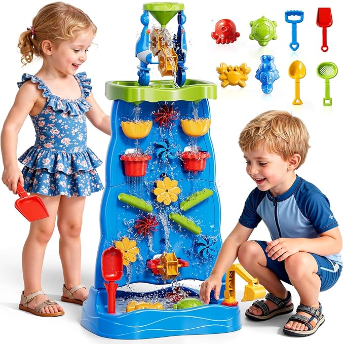Novaluki Toddler Sand Water Table Waterfall Wall Playset, Kids Activity Sensory Table with Beach Fun Sand Toy, Summer Outdoor Toys Sand Water Play Table for Toddler Ages 2 3 4 5 6 7 8