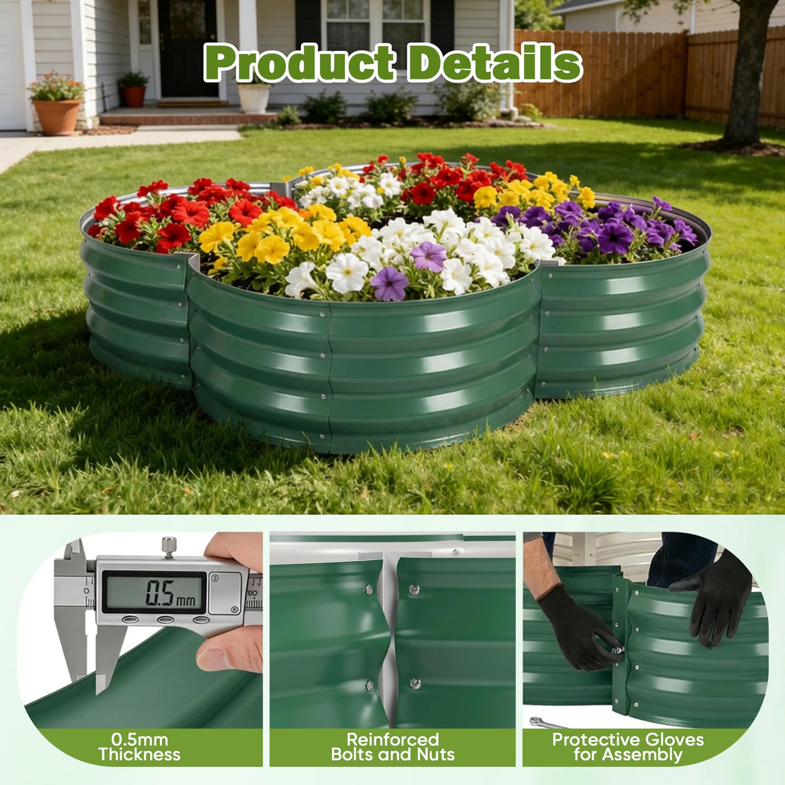 Bancal alto de metal 122 x 122 x 30 cm, forma de flor, bancal elevado para jardín de acero galvanizado robusto, resistente a la corrosión y estable, bordes seguros, fácil montaje, ideal para verduras