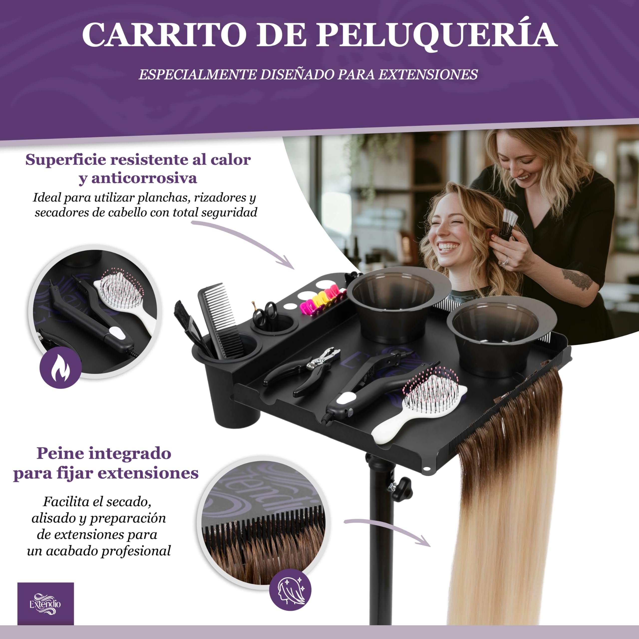 Carrito de peluquería Profesional – móvil y Ajustable en Altura. Bandejas Resistentes al Calor, Cuencos magnéticos y Soporte para Extensiones – Ideal para Salones de Belleza y estilistas móviles