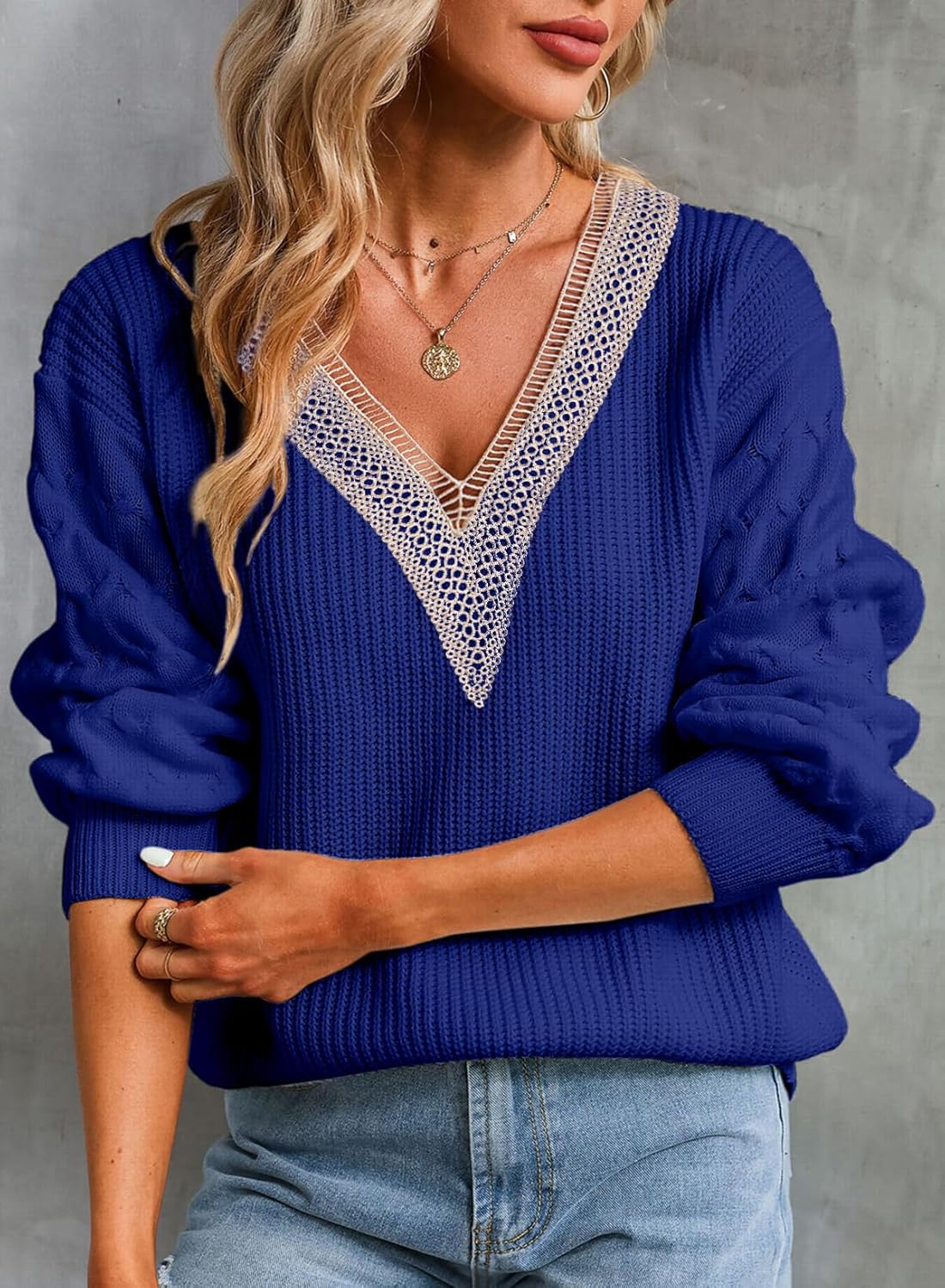 EVALESS Womens Long Sleeve Sweaters Fall 2024 Trendy Sexy Lace V Neck Knit Drop Shoulder Pullover Sweater Jumper Tops - Image 2