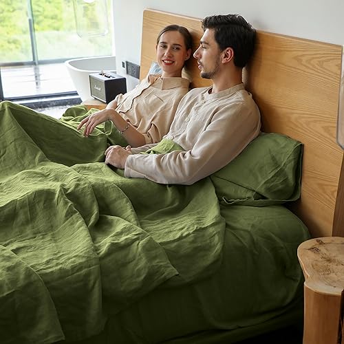 Miniatura 6 de Simple&Opulence Juego de sábanas de lino belga, color sólido, 4 piezas (1 sábana encimera, 1 sábana bajera y 2 fundas de almohada), mezcla de lino