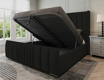 Manhattan King Size Ottoman Bed with Mattress, Plush Velvet Panelled King Size Bed with Mattress and Storage, Modern Gas Lift Ottoman Beds Frame with 48in Headboard in Black Plush