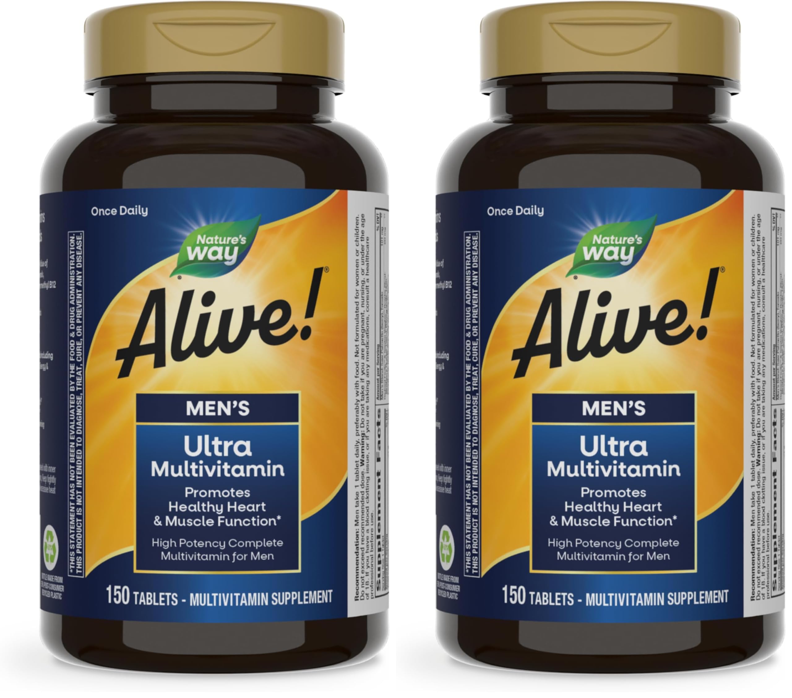 Nature's Way Alive! Men's Daily Ultra Multivitamin, High Potency Formula, Promotes Heart & Muscle Function*, with Methylated Vitamin B12, Gluten Free, 150 Tablets, (Pack of 2) 150 Count (Pack of 2)
