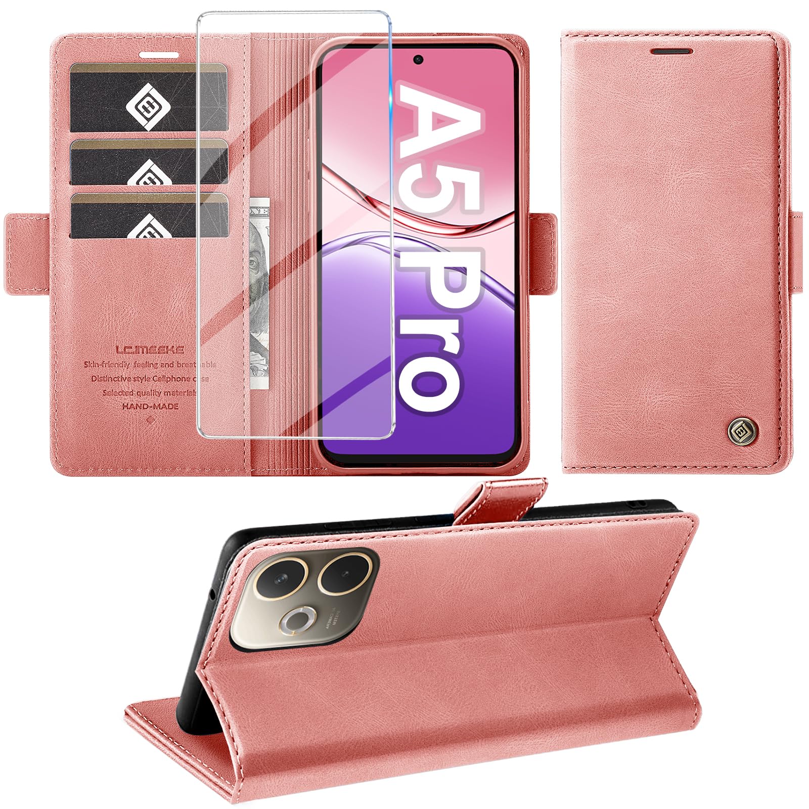 Giyer Cover per OPPO A5 Pro Custodia con Vetro Temperato, Premium Pelle PU Portafoglio Slot per Scheda RFID Antifurto Funzione Supporto Flip Case, Antiurto per OPPO A5 Pro 5G Cover (Rosa)