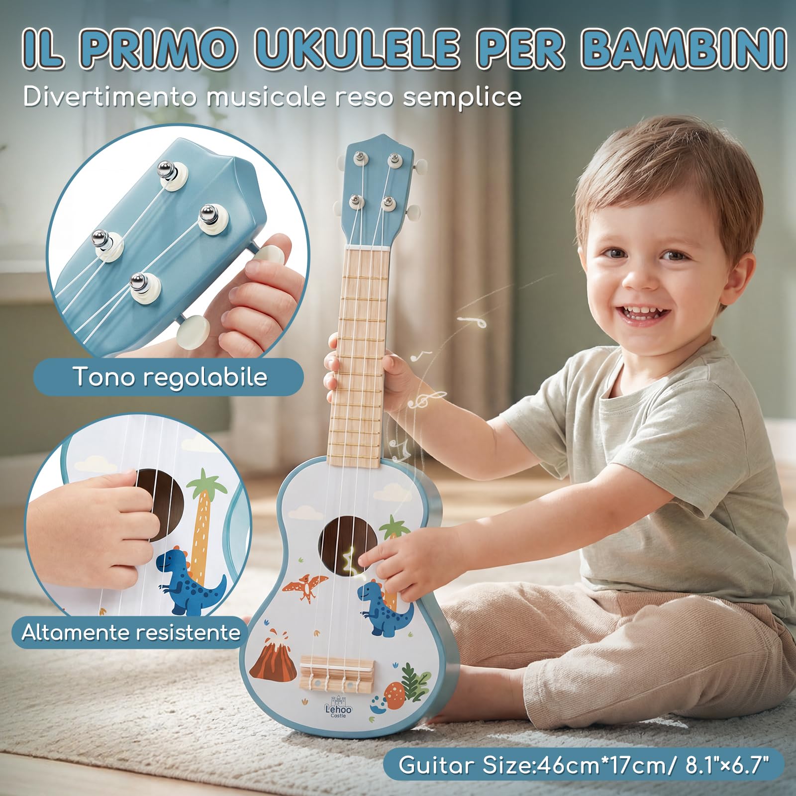 Lehoo Castle Chitarra per Bambini, 7 Strumenti Musicali Montessori Giochi, con ukulele, Tamburello, Flauto, Maracas, Giocattoli in Legno, Giocattoli Didattici, Regalo per bambini di 1, 2, 3 anni