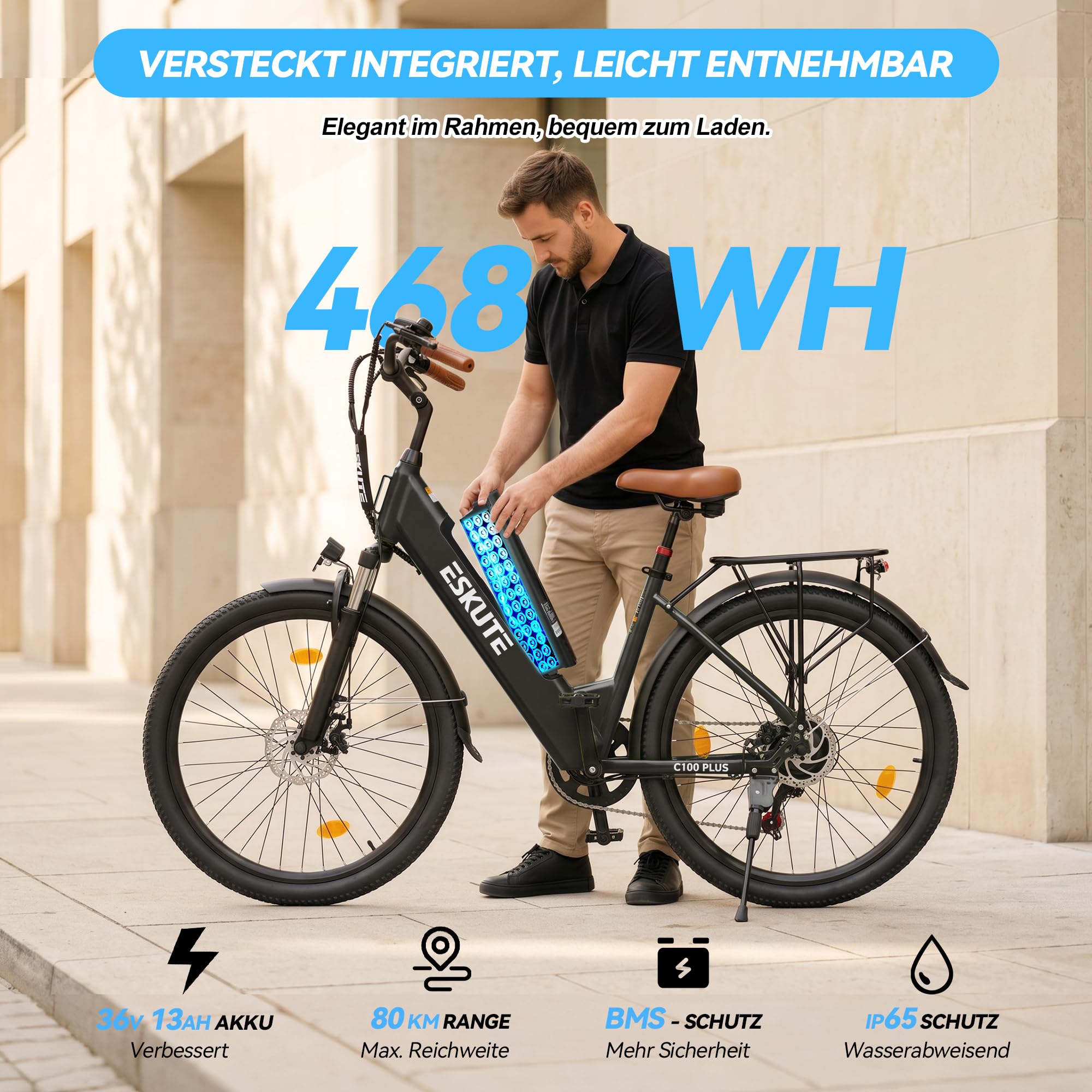 ESKUTE C100 Plus E-Bike, 26 Zoll Elektrofahrrad, E-Cityrad 250W HeckMotor, 36V 13Ah Wechselakku,bis zu 80km, LCD-Display, Tiefeinsteiger E-CityBike Für Damen und Herren Erwachsene
