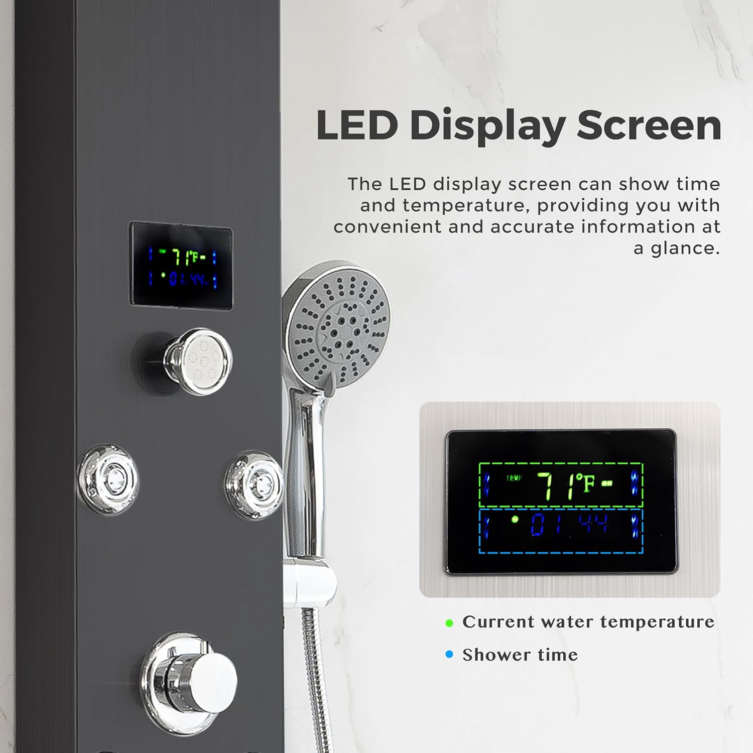 DELAVIN 56-60.in W x 72.in H Frameless Shower Door, Water Repellent Black Shower Door with 5/16" (8mm) Clear Tempered GlassStainless Steel + DELAVIN LED Shower Panel Stainless Steel Shower Tower