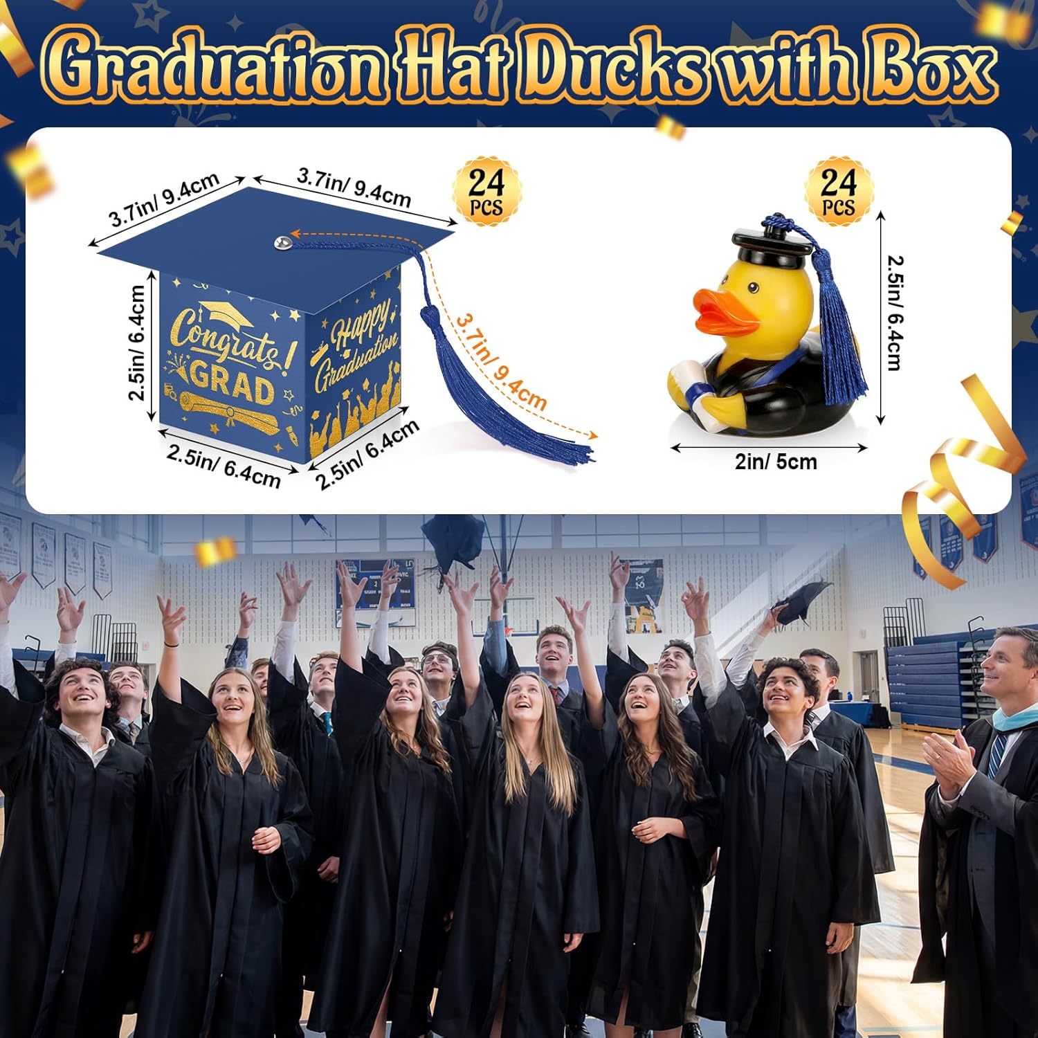 TaoBary 24 pcs Graduation Hat Ducks with Box Tassel Graduation Party Favors Gifts Grad Cap Box Car Rubber Ducks Ornaments for Grad Party Decorations(Blue)