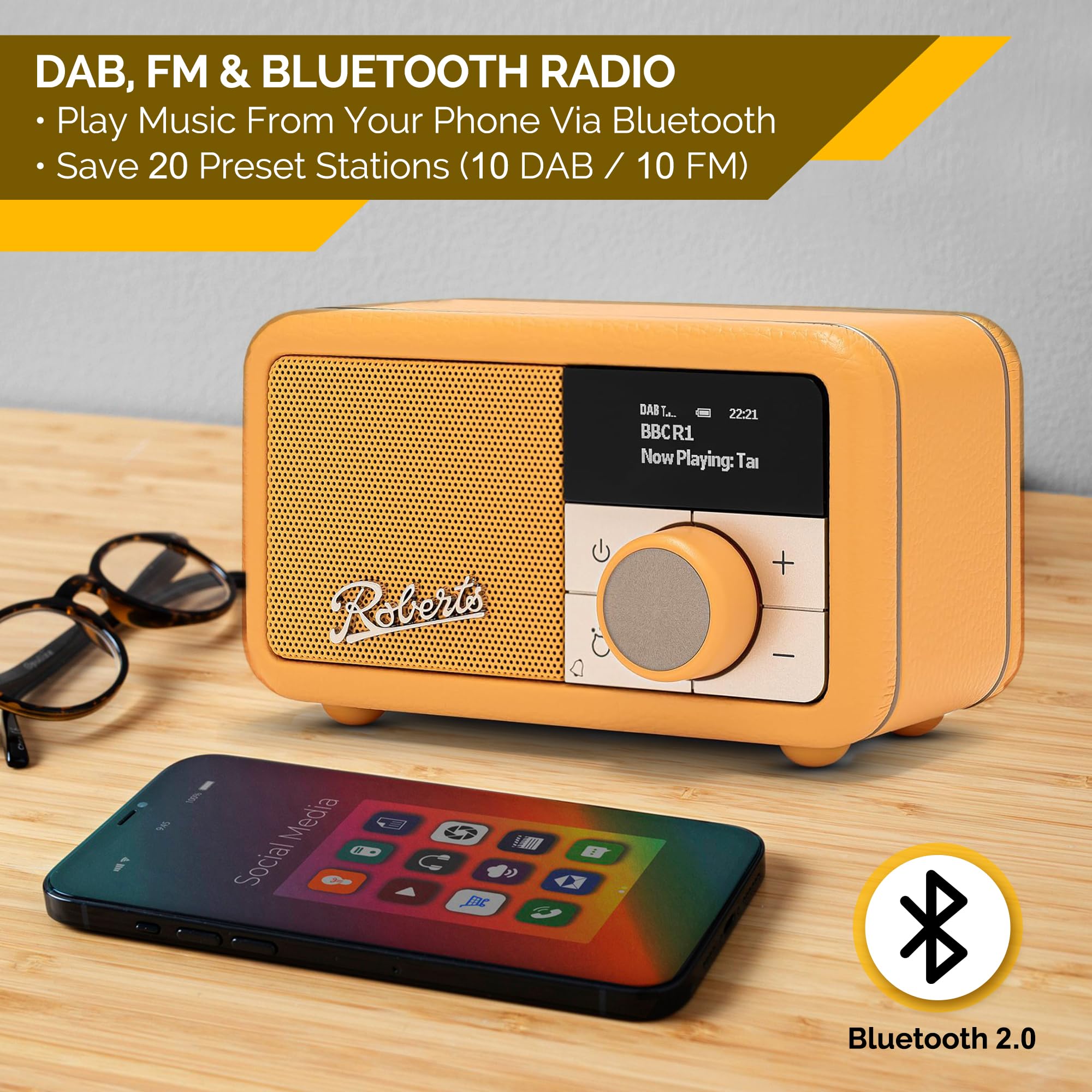 Roberts Revival PETITE2 - Radio Digital FM/Dab/Dab+ con Bluetooth, Color Amarillo Sunburst