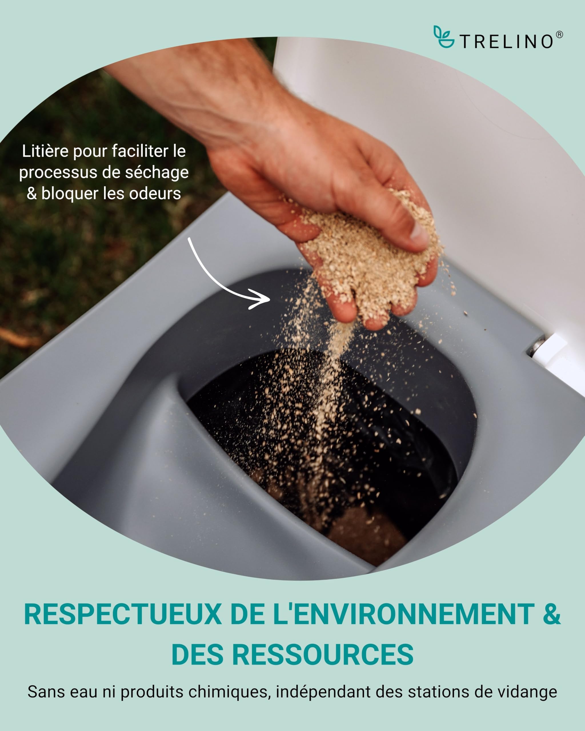 TRELINO Evo M Blanc (39 x 33 x 36 cm), Toilette sèche avec séparateur, Toilette Portable pour Camping et Plein air, 5 L & 8 L capacité