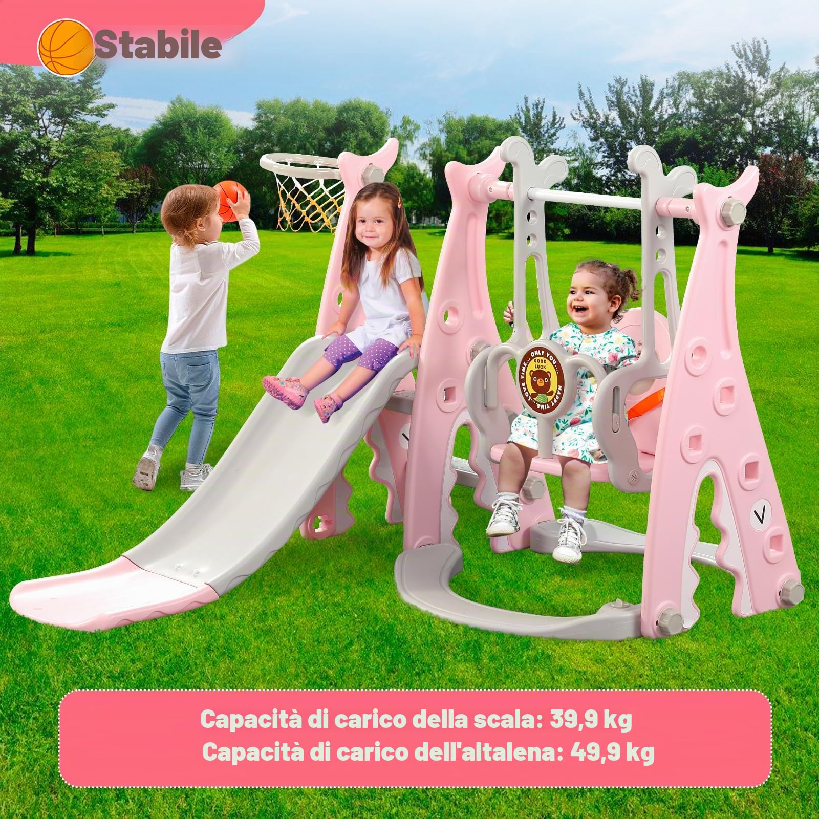 Scivolo per Bambini 4 in 1 Scivolo da Giardino con Altalena Regolabile e Cestino da Basket, Parco Giochi Esterno ed Interno per Bambini 18 Mesi + (Squalo+Rosa)