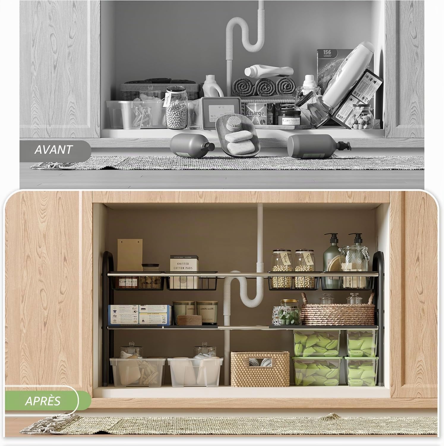 NETEL Étagère extensible sous l'évier, organiseur de placard, étagère sous évier pour cuisine et salle de bain, avec 6 panneaux et 2 paniers