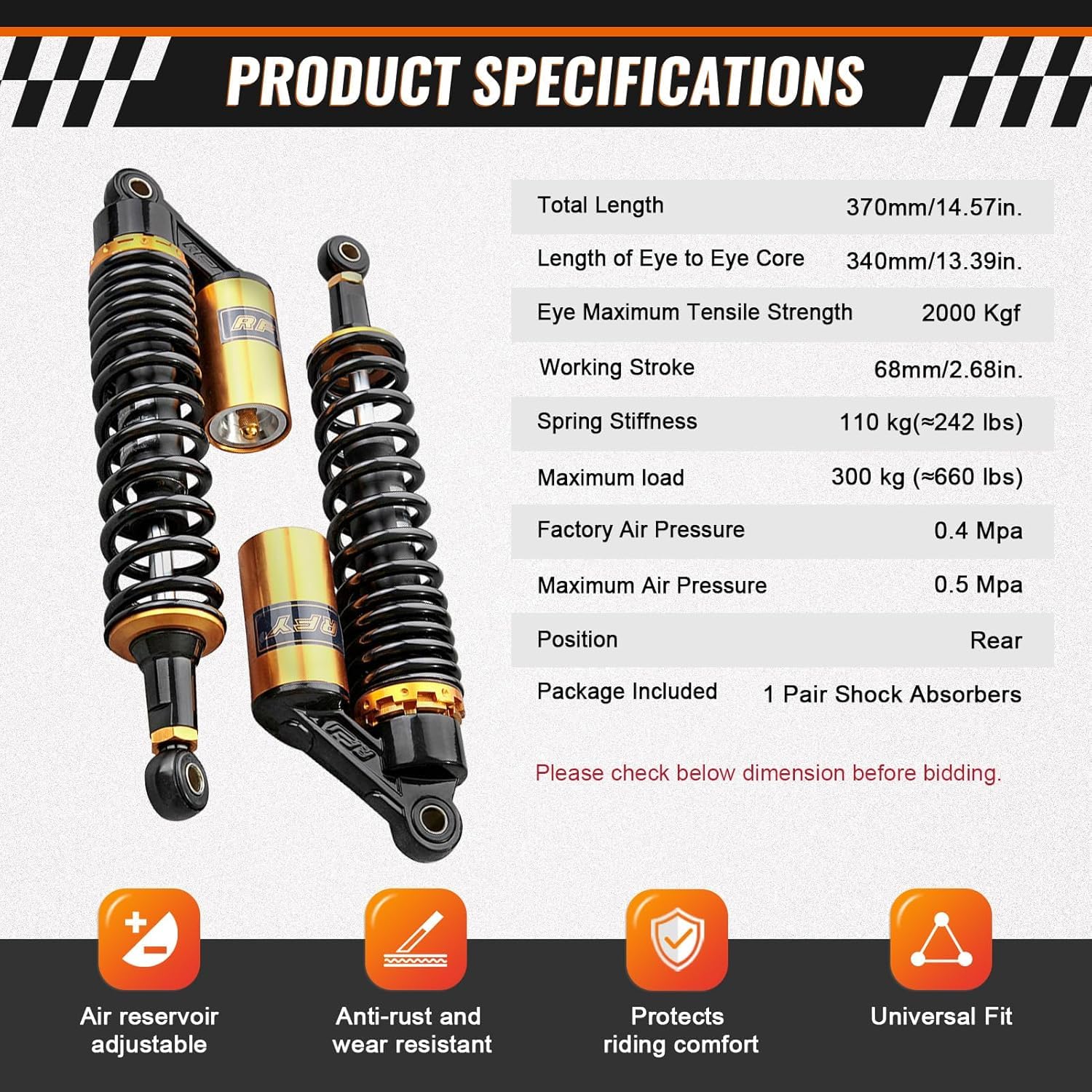 Amortiguador de aire universal para motocicleta 340mm 7mm suspensión trasera 50cc-250cc Negro Oro