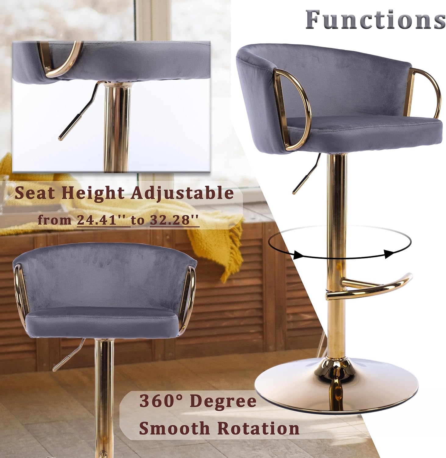 Bar Stools Set of 2, Swivel Adjustable Height Velvet Bar Stools with arms and Footrest, Counter Pub Chairs for Bar Kitchen Living Room, Grey