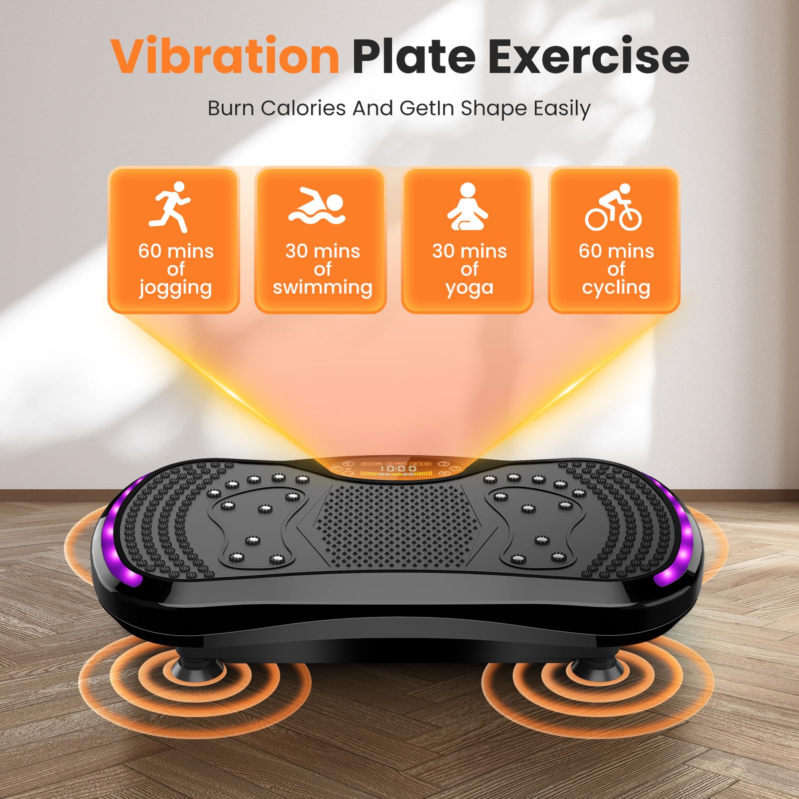 Vibrationsplatte Vibration Plate mit 200 Intensitätsstufen, 9 Trainingsprogrammen, Bluetooth, Rüttelplatte Sport für Zuhause bis 200 kg belastbar zur Lymphdrainage und Abnehmen