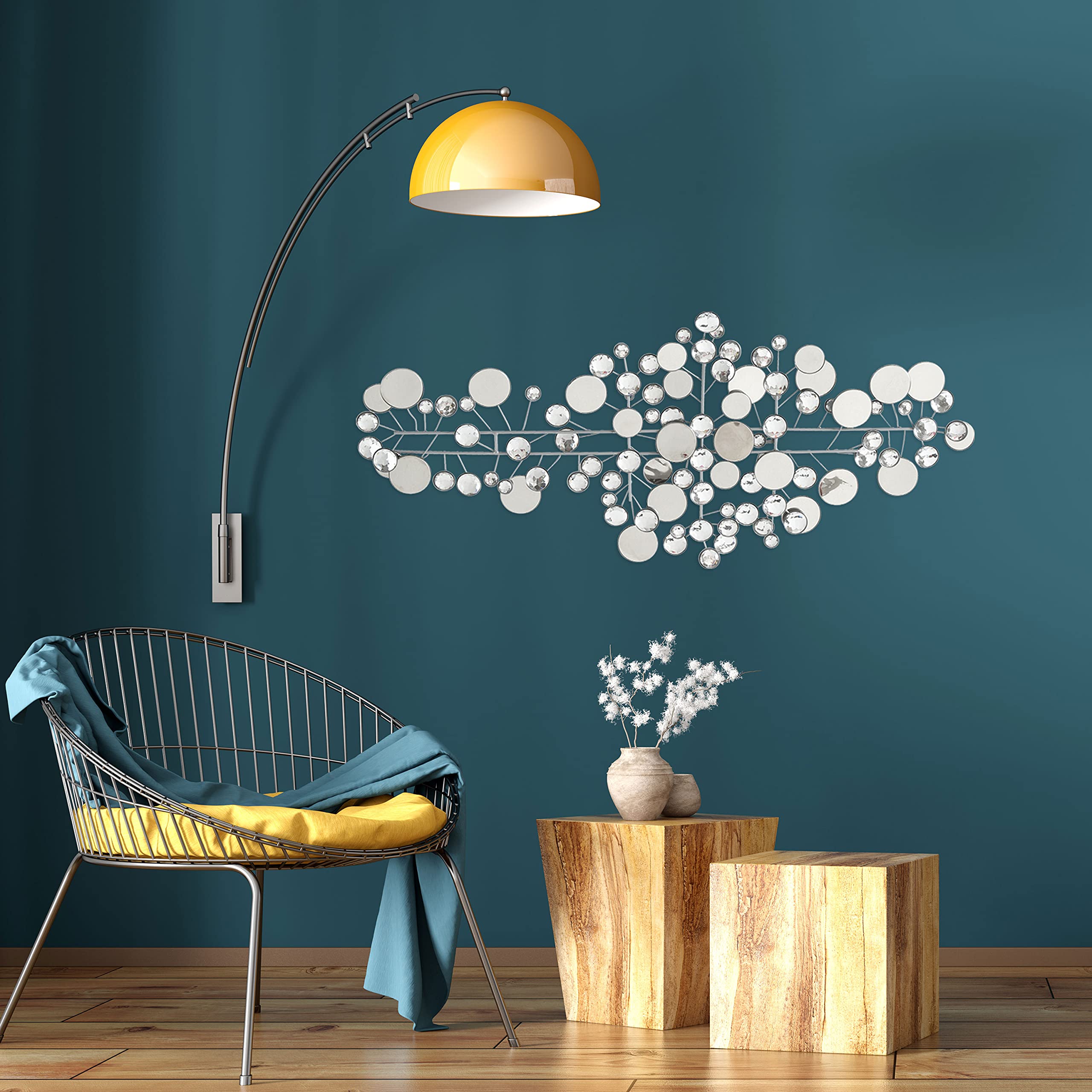 WHW Whole House Worlds MODERNIST HOME Floating Circles, Abstract Metal Wall Art, Artisan Crafted, Roundels of Silver, Mirrors, Faux Multi Carat Diamonds, Iron, Over 3 Ft Long, Hangers on Back