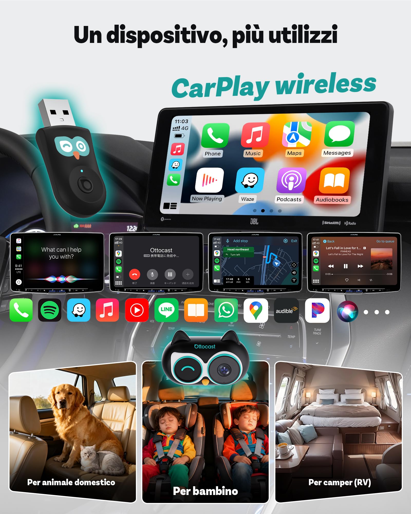 OTTOCAST Cabin Care 2026, 2-in-1 Adattatore CarPlay Wireless & Telecamera Bebè Auto 1080P, Visione Notturna IR, Grandangolo 150°, Monitor Sedile Posteriore, Compatibile con Auto CarPlay Cablate 2016+