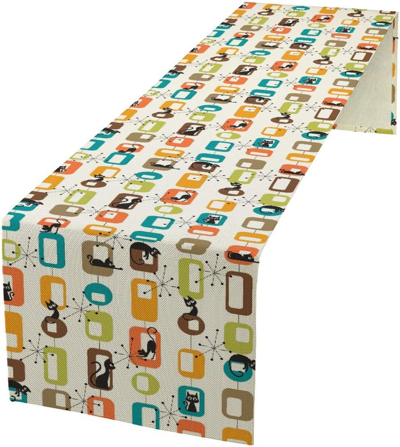 Mid Century Table Runner Retro Atomic Black Cat Geometric Abstract Cubes Decor for Indoor Outdoor Party Dinner Festival Farmhouse Home Kitchen Dining Room, 13x108in