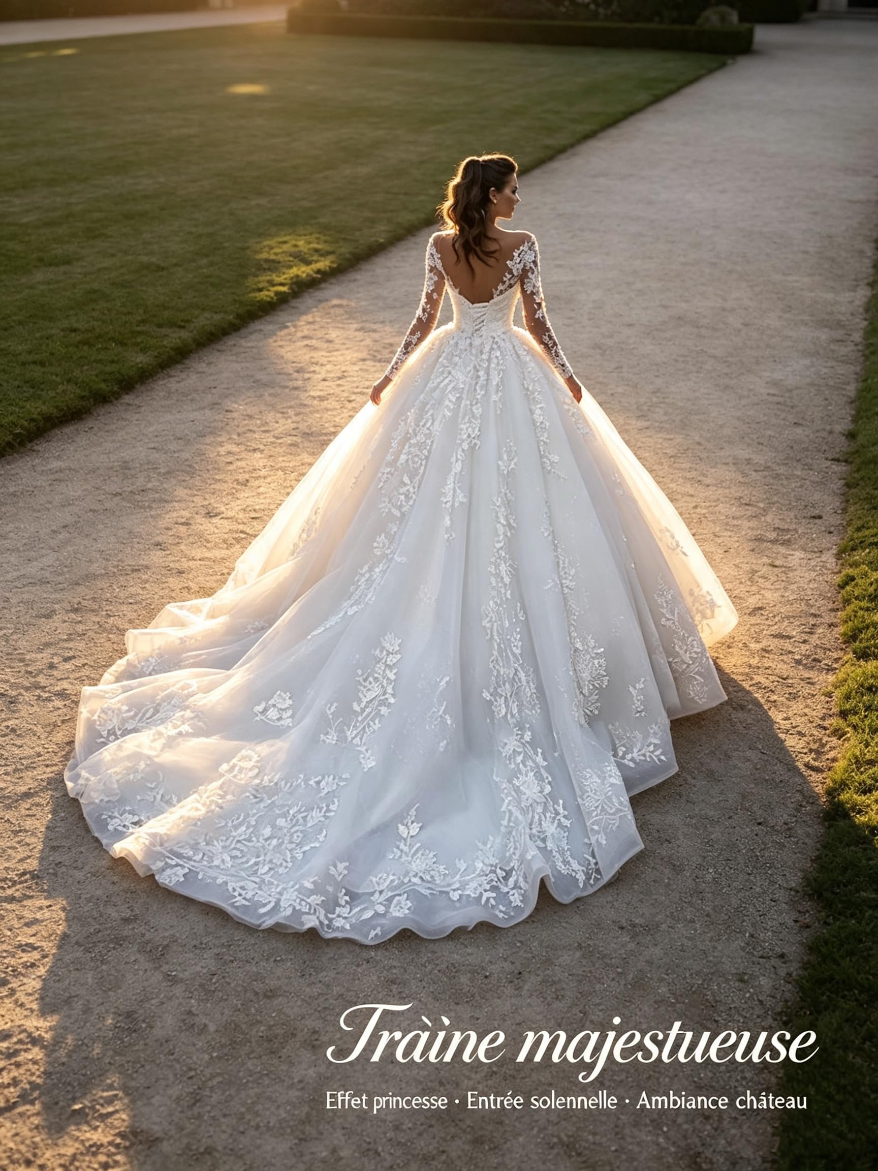 Robe de Mariée Dentelle Manches Longues A-Line - Blanc | Dos lacet ajustable, Robe sur mesure