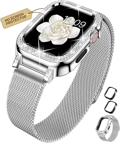 XYF Correas brillantes compatibles con Apple Watch Band de 1.614 pulgadas para mujeres con parachoques, malla de acero inoxidable magnética, joyería