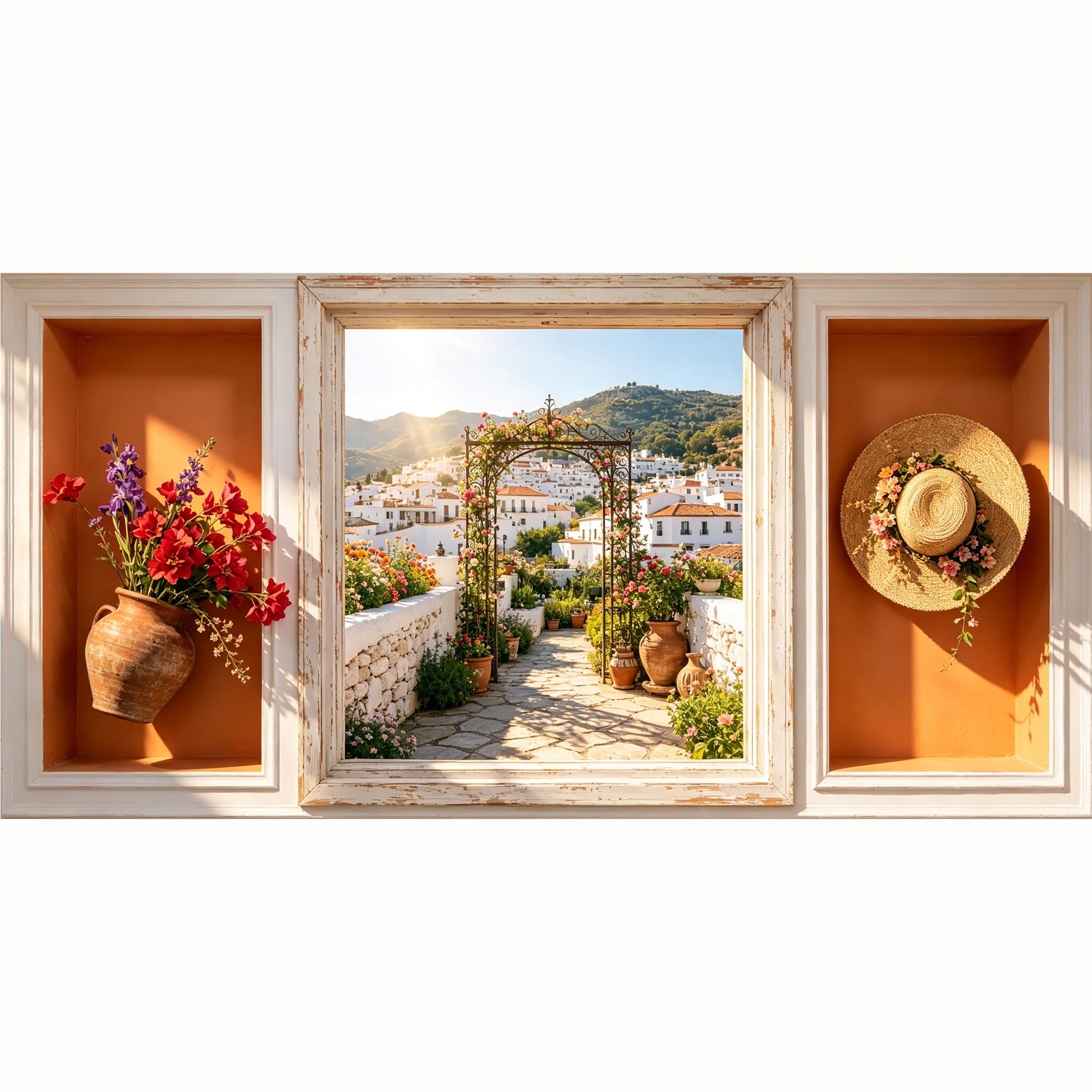 QZLITHOTIC 50x100cm 3D Framed Wall Art， Mediterranean Village Floral Garden Path Window View SelfAdhesive Mural， WaterActivated Peel & Stick Fabric Decor Wall Decal for Bedroom Living Room