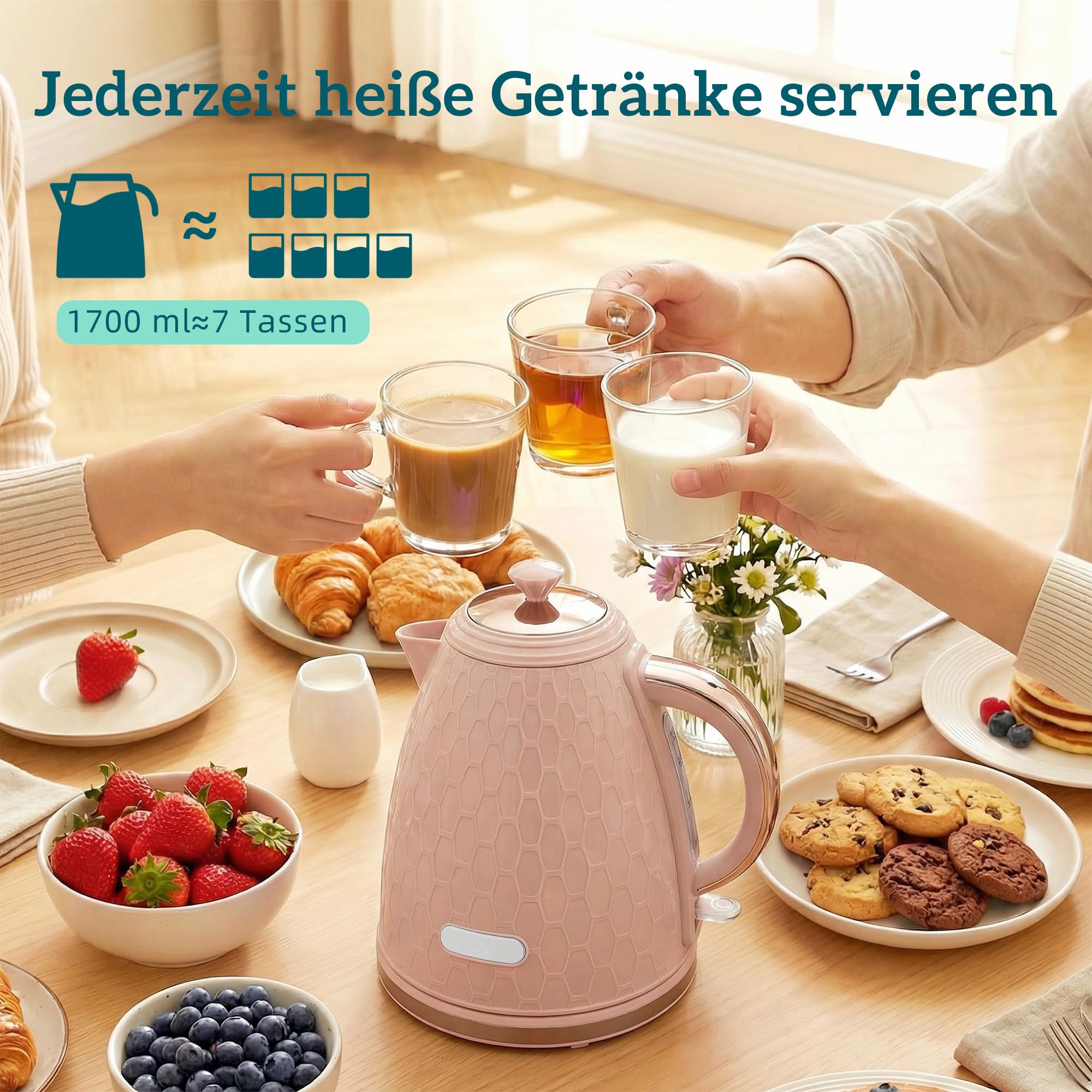 HOMCOM Wasserkocher Toaster Set 1,7L 2200W 2-Scheiben-Toaster 7 Bräunungsstufen Rosa