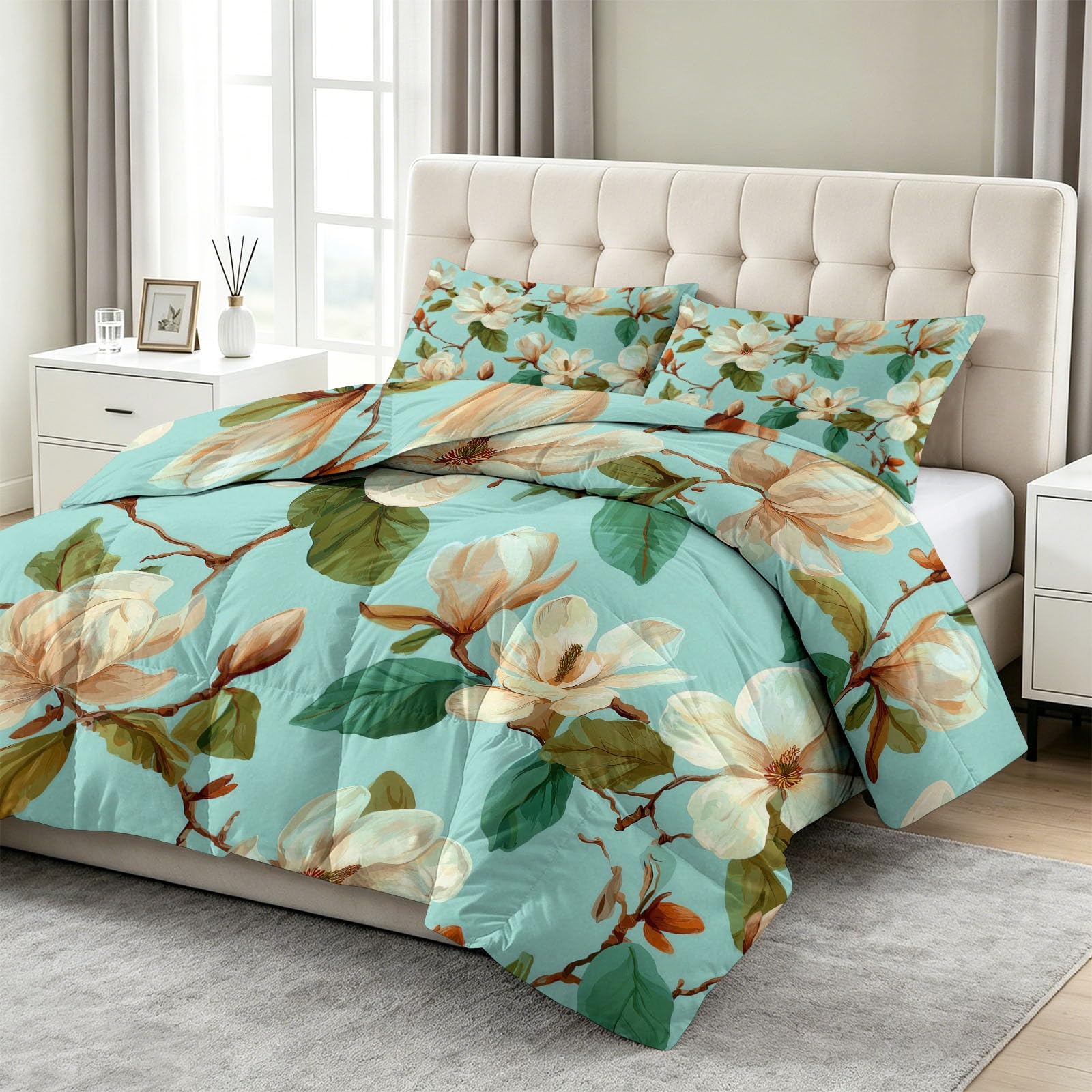 Tutte le stagioni - Piumino 160 x 200 cm, motivo Magnolia in stile Champour, trapuntato di lusso e morbido in piumino e piume, traspirante, lavabile in lavatrice, ipoallergenico, buon sonno, verde