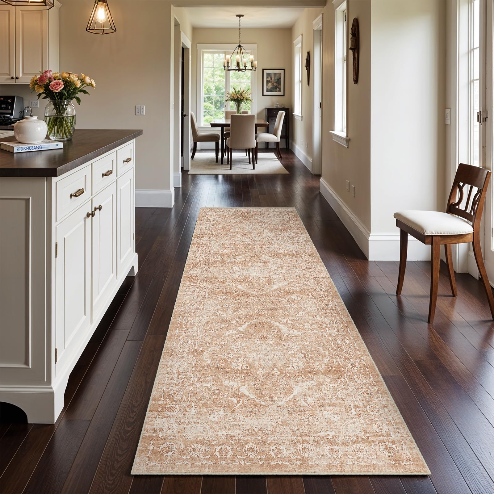 EISUROM Hallway 3x10 Runner Rug - Vintage Non-Slip Long Rug for Entryway Low-Pile Washable Medallion Runner Rugs for Hallway Waterproof Traditional