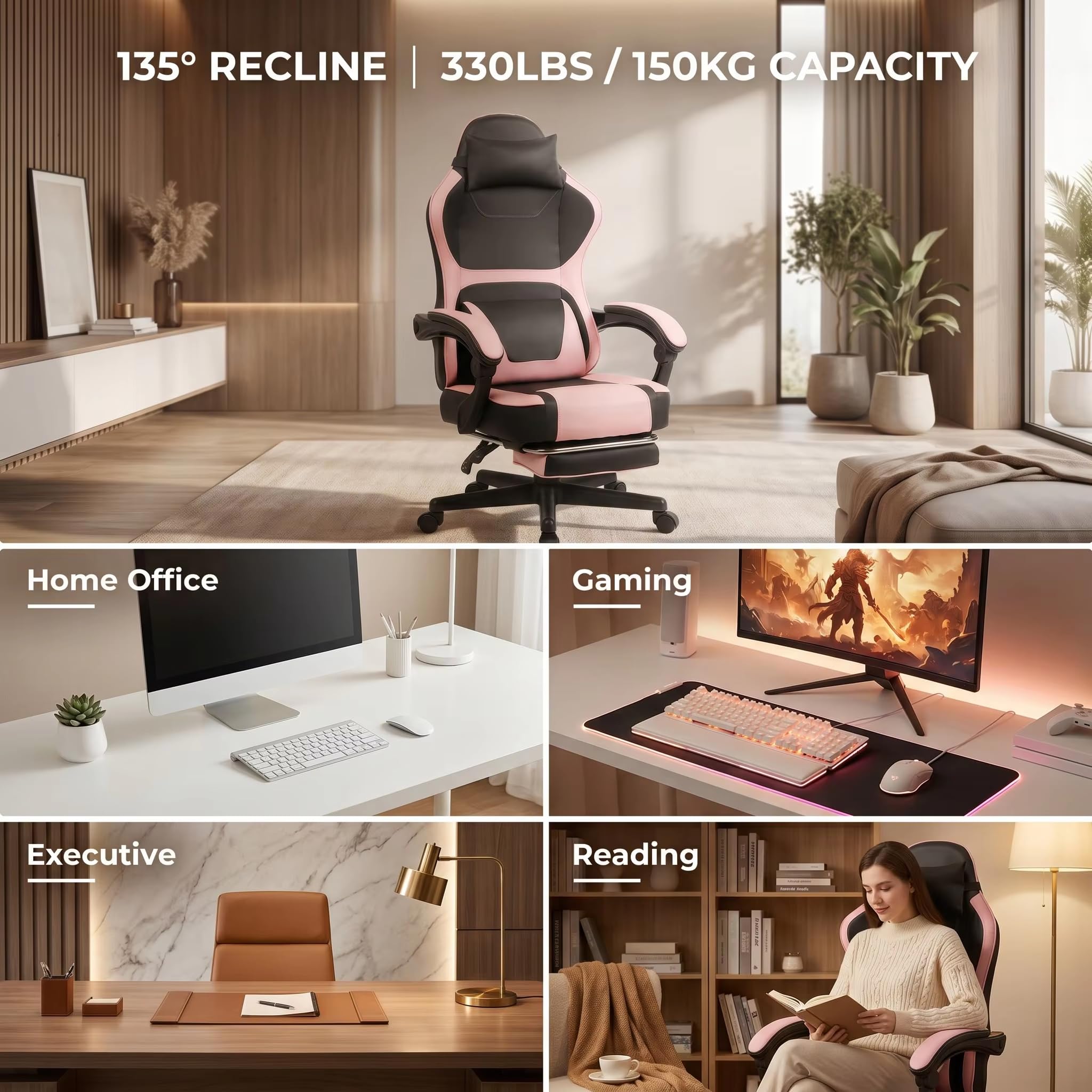 Gaming Stuhl mit Fußstütze, Ergonomischer Bürostuhl mit Verstellbarer Lendenstütze und Kopfstütze, Höhenverstellbarer Drehstuhl mit Wippfunktion, PC Stuhl für Home Office, Büro und Gaming