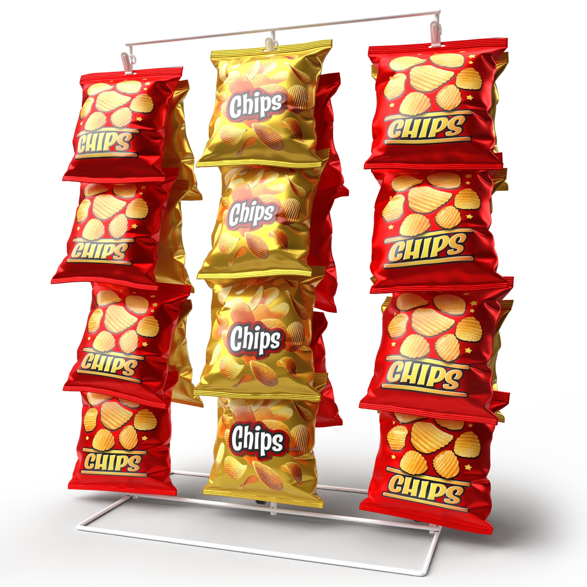 DS THE DISPLAY STORE White 3-Row Potato Chip Rack Display Stand with 39 Clips, Snack Retail Display Rack, Chip Stand Display for Party, Countertop Chip Bag Holder, Snack Display for Counter
