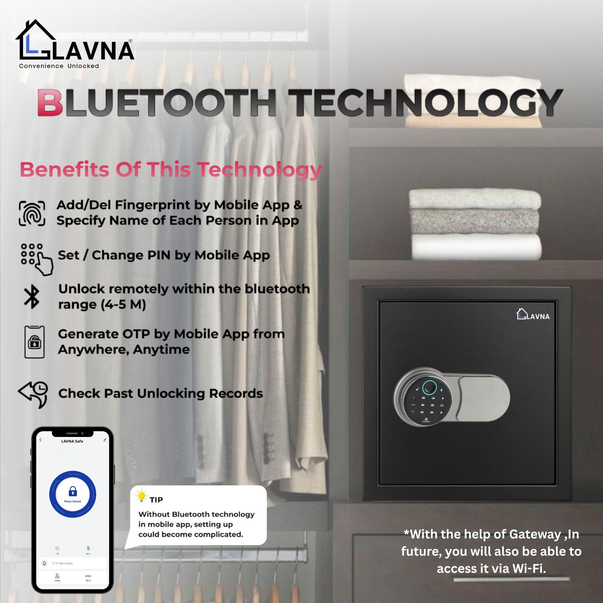 LAVNA Smart Safe Locker | 5 way access | Fingerprint, Mobile app, PIN, OTP & Key Access | 304 Grade SS bolts suitable for Jewellery, Cash, Document & other valuable of Home Office Tijori (Gross 39L) — Amazon image 3