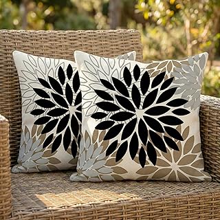 2er Set Outdoor Kissenbezug 40x40 cm Wetterfest Dahlien Dekokissen Zweiseitiges Muster Schwarz Blumen Sofakissen Modern Kissen Leinen Kissenbezüge Dekorative für Sofa Garten Balkon Camping