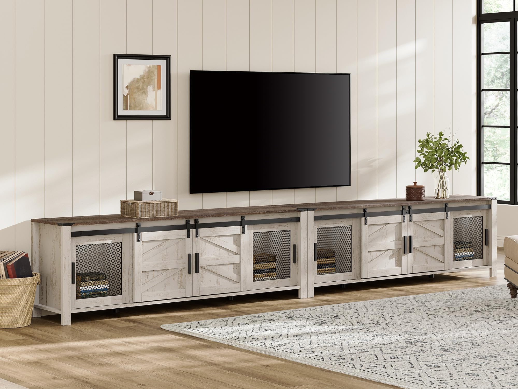 WAMPAT Farmhouse TV Stand for 100 Inch TV with Sliding Barn Door, Set of Two Modern Wood Entertainment Center with Storage Cabinets, Media Console