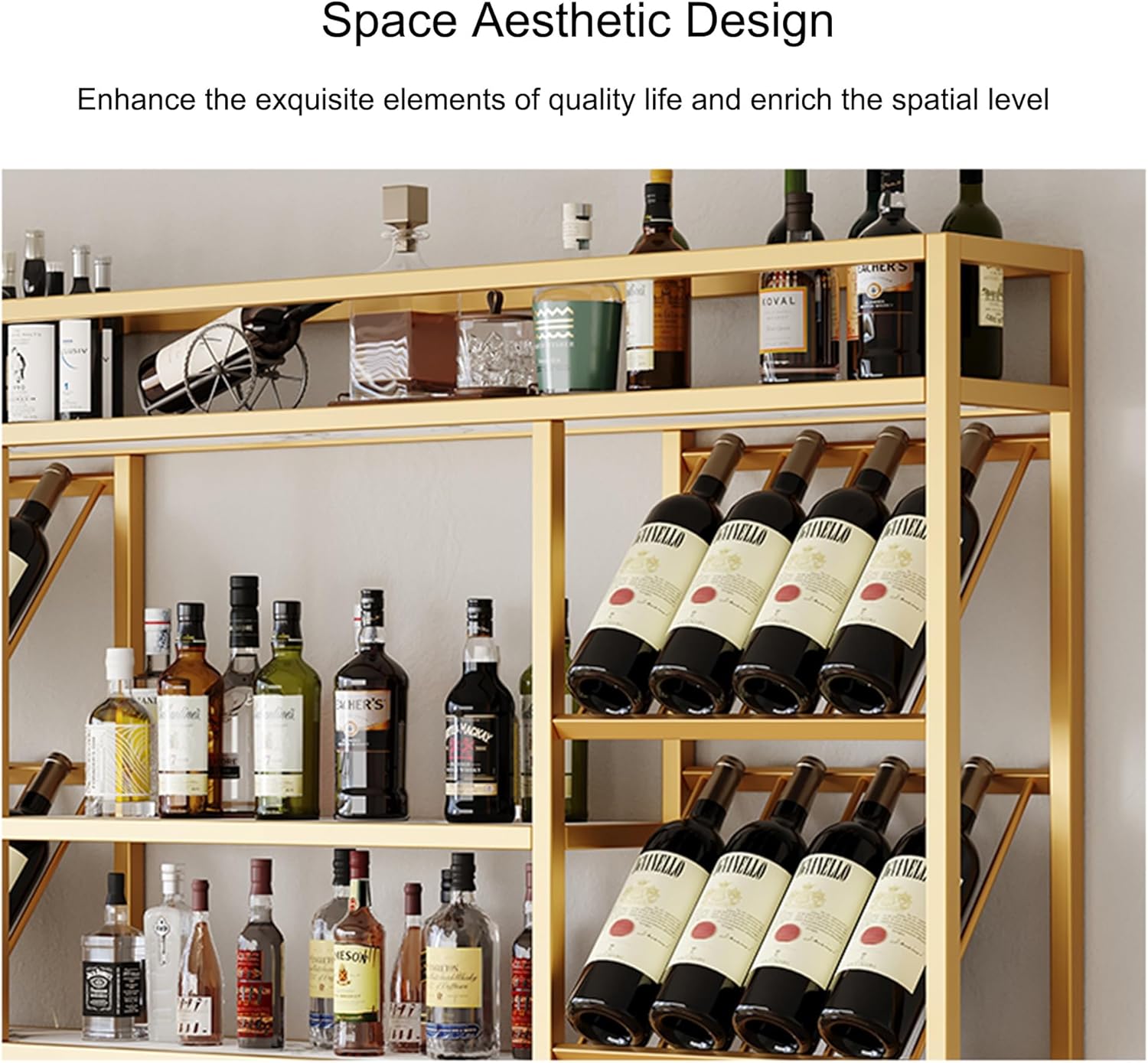 Wine Rack Wall Mounted Bar Shelves Liquor Bottle Display Shelf for Liquor Bottles with Wine Glass Rack Wall Wine Racks for Wine Bottles Kitchen Wall Shelf for Home Bar Dining Room Kitchen(Gold,55.11in