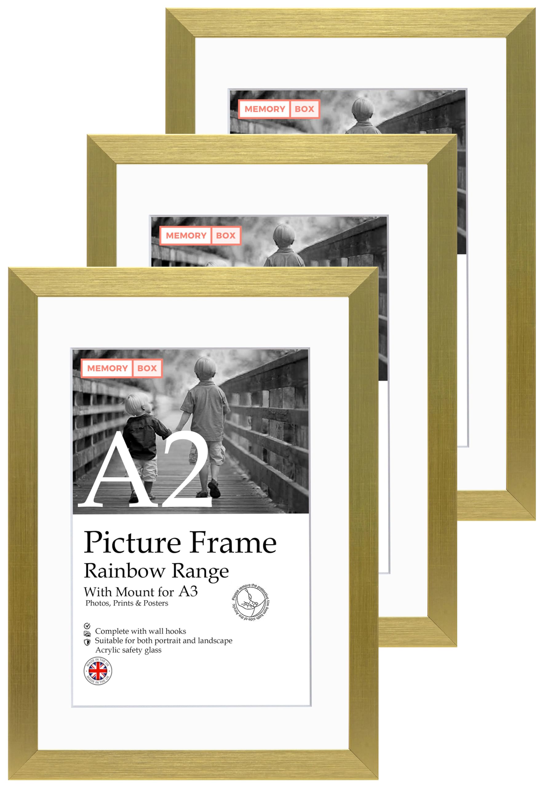 A2 Gold Picture Frame Set of 3, Perfect for Displaying A3 Pictures with Mount or A2 Pictures Without Mount, Gallery Wall, Posters, Photos, Artwork, or Prints, Gold