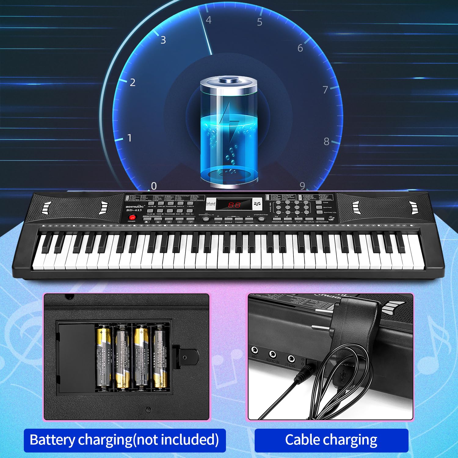 61 Keys Electronic Digital piano, Portable Keyboard Piano with Built-in Speaker and Microphone, Sheet Stand and Power Supply, Keyboard Piano Teaching Gift for Beginners Eelectric