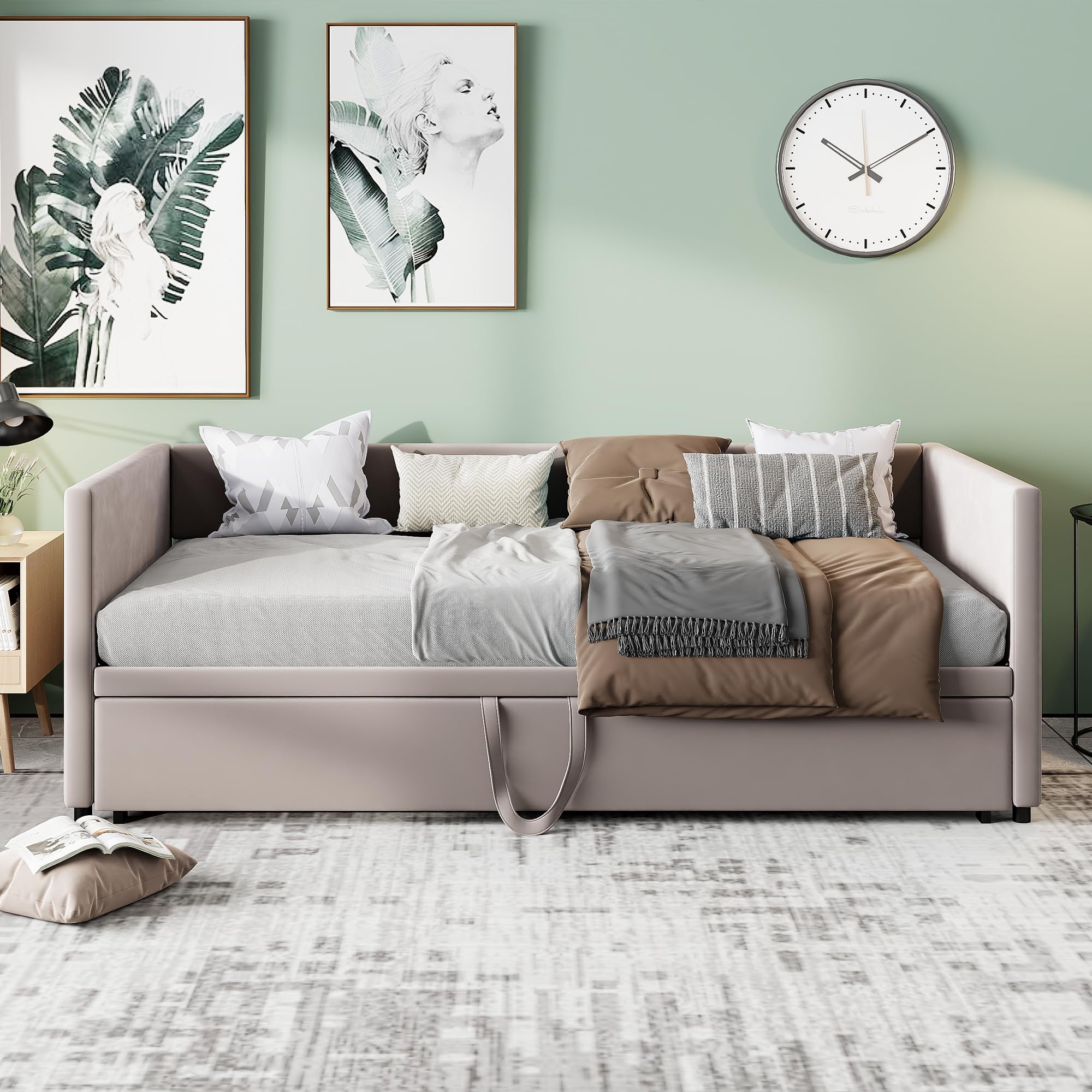 Schlafsofa 90/180x200cm mit Lattenrosten, Polsterbett mit Ausziehbett, Mehrzweck Schlafsofa，Klappsofa 2-Sitzer mit Rückenlehne AUD Schlaffunktion, Samt, ohne Matratze (Grau, 213 x 183 x 74 cm)