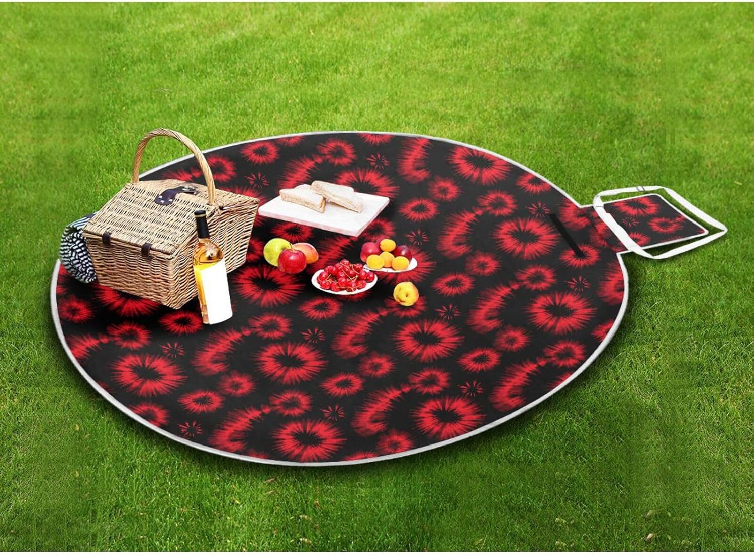 Round Picnic Essentials - Fits 2 Adults, Summer Accessories Packable Outdoor Playmat for Beach Mat or Family Outdoor Camping Party 58 in (Red Black Tie-dye)