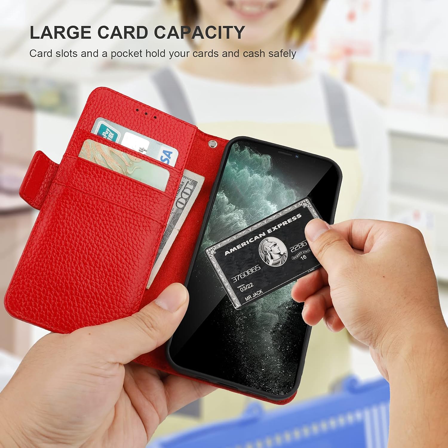 Bocasal Wallet Case for iPhone 11, Genuine Leather Support Wireless Charging RFID Blocking Flip Case Card Slots Holder, Kickstand Book Folding Folio Cover with Wrist Strap 6.1 Inch (Red)