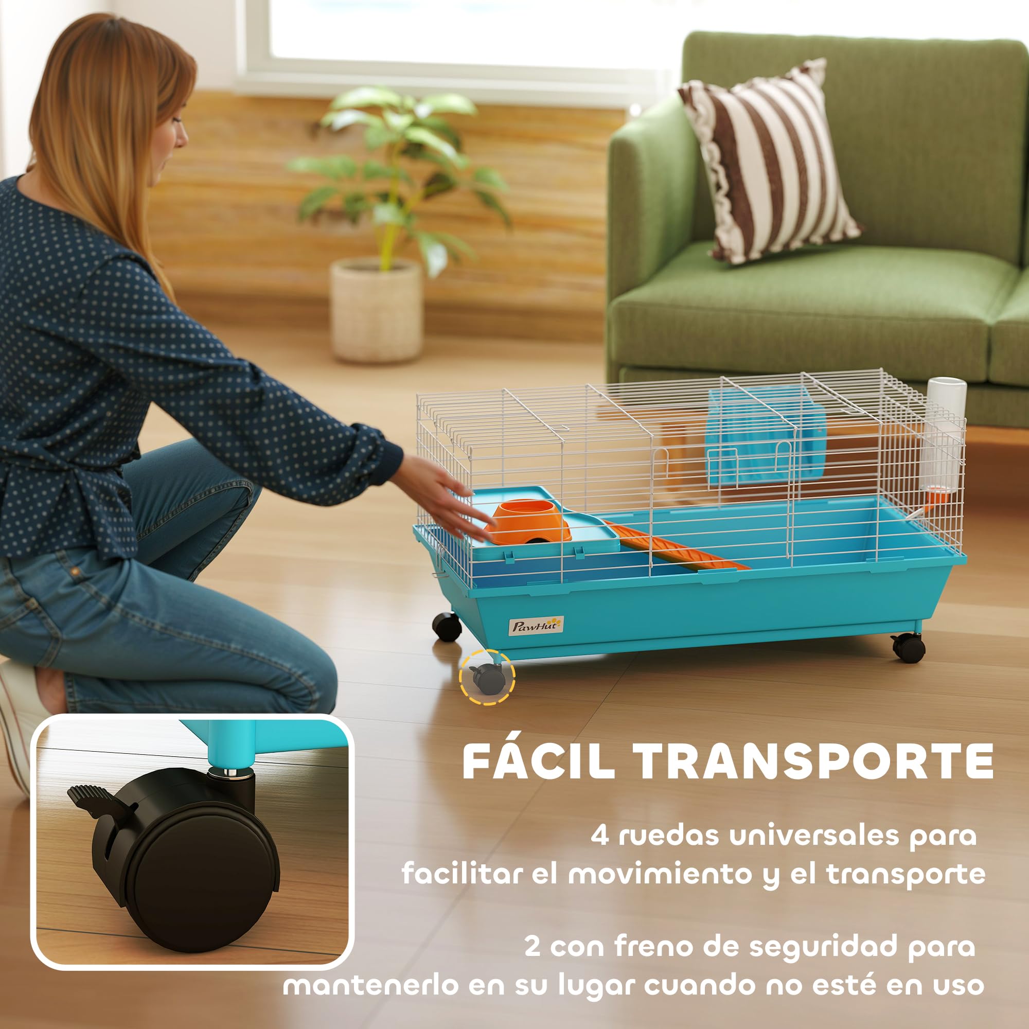 PawHut Jaula para Animales Pequeños, Jaula para Roedores con Ruedas, Botella de Agua, Comedero, Dispensador de Heno, Plataforma, Rampa, Bandeja Extraíble, para Conejos y Cobayas, 89x44x43 cm, Azul