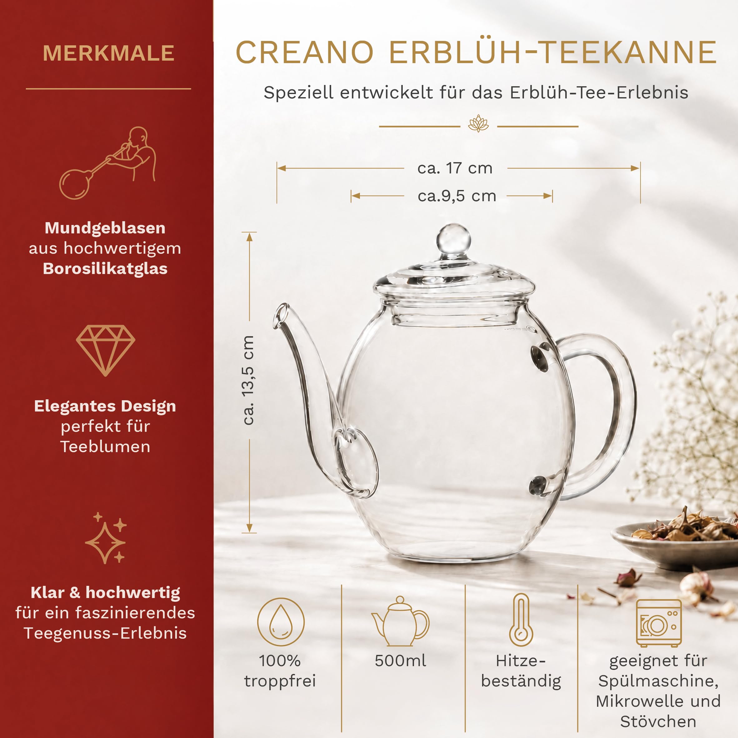 Creano Teeblumen-Mix Geschenkset mit 500ml Teekanne in edler Holzbox mit 6 verschiedenen Sorten ErblühTee (Weißer Tee)