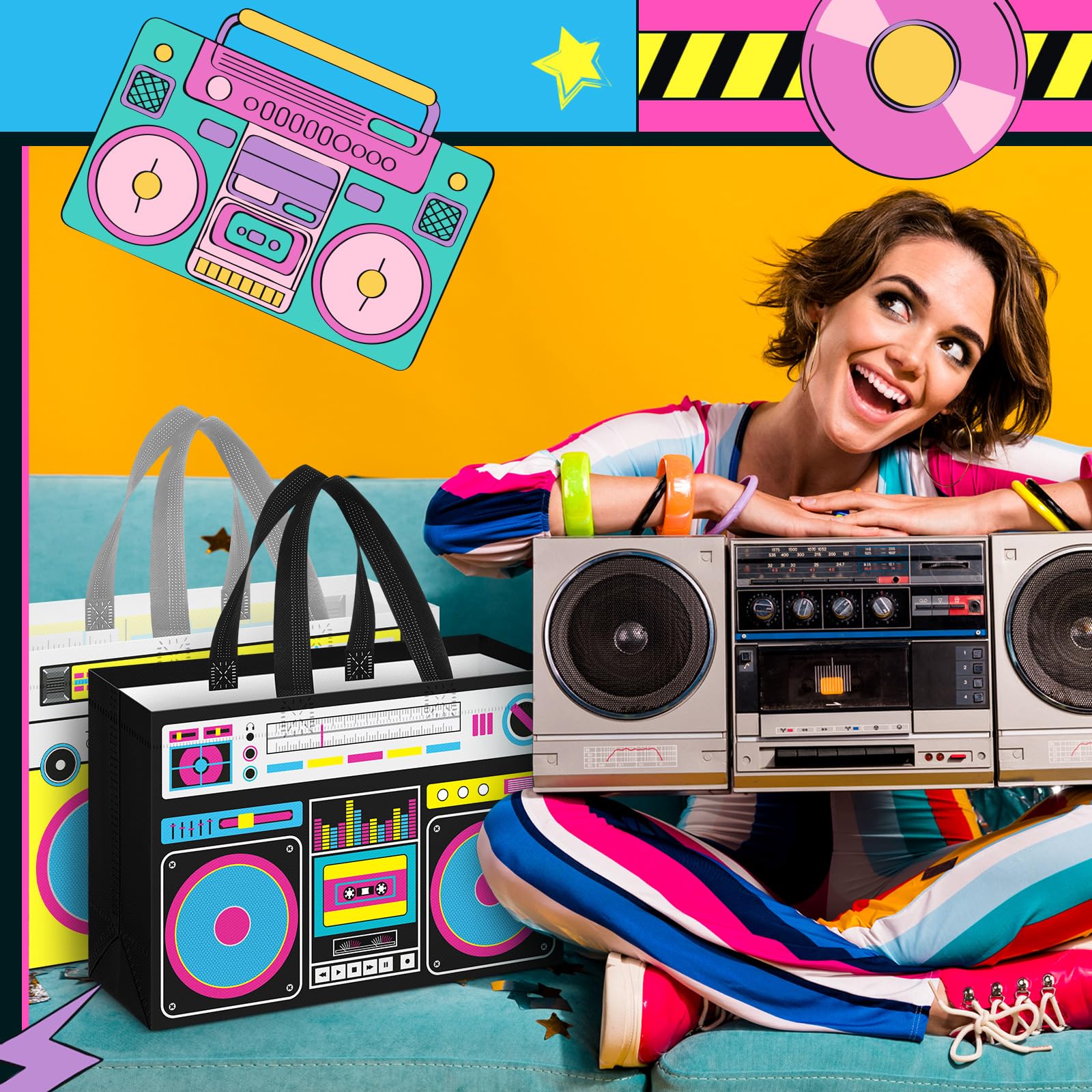 Locmeo Partytüten im Stil der 80er-90er-Jahre, nicht gewebt, Retro-Radio, Lebensmitteltüten für Hip-Hop, Geburtstag, Disco, Rock-Party, Schwarz, Gelb, 24 Stück
