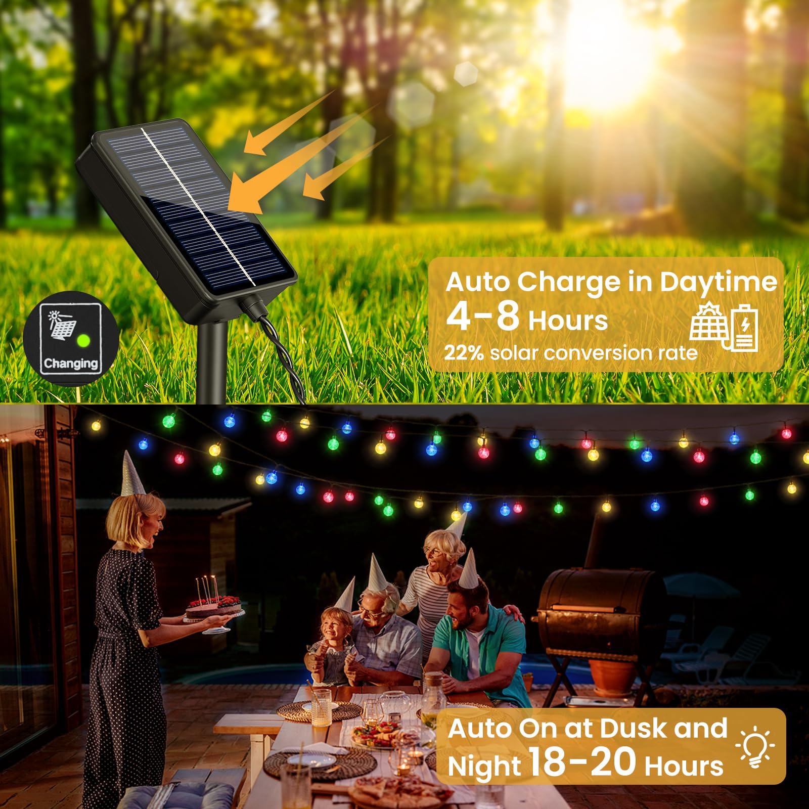 FOMYHEARD Catena Luminosa Esterno Solare, 11M 60LED 8 Modalità Luci da Esterno Giardino, IP65 Impermeabile Luci Esterno Energia Solare per Matrimonio, Festa, Cortile, Balcone, Decorazioni, RGB