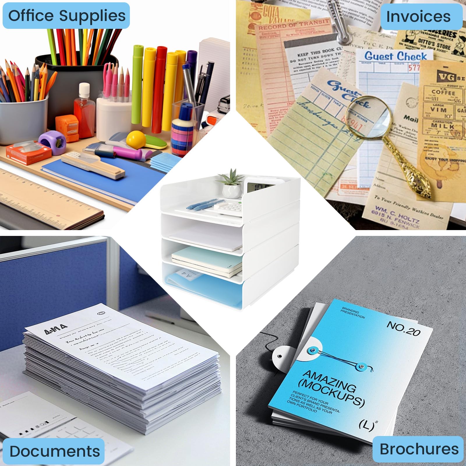 4 Bandejas Oficina Apilables, Blanca Plastico Pet Organizador Escritorio, Bandeja Escritorio, Bandeja Portadocumentos A4, Organizador para Papeles, Documentos, Folios, Material Oficina