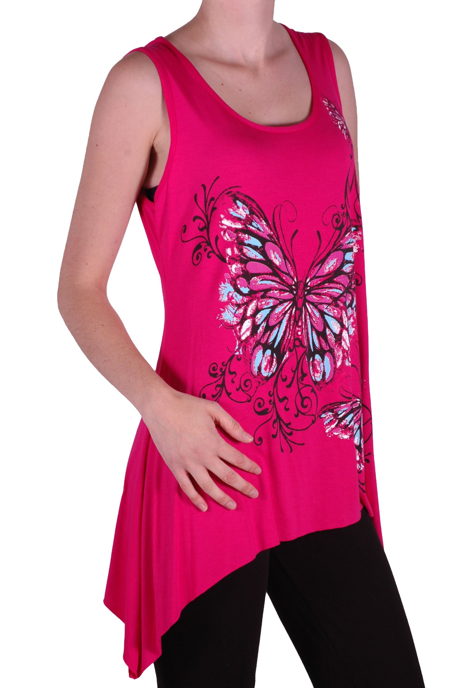 EyeCatch - Kayla Butterfly Ladies Sleeveless Long Stretch Vest Top Ladies Plus Size Fushia M-L 12-14
