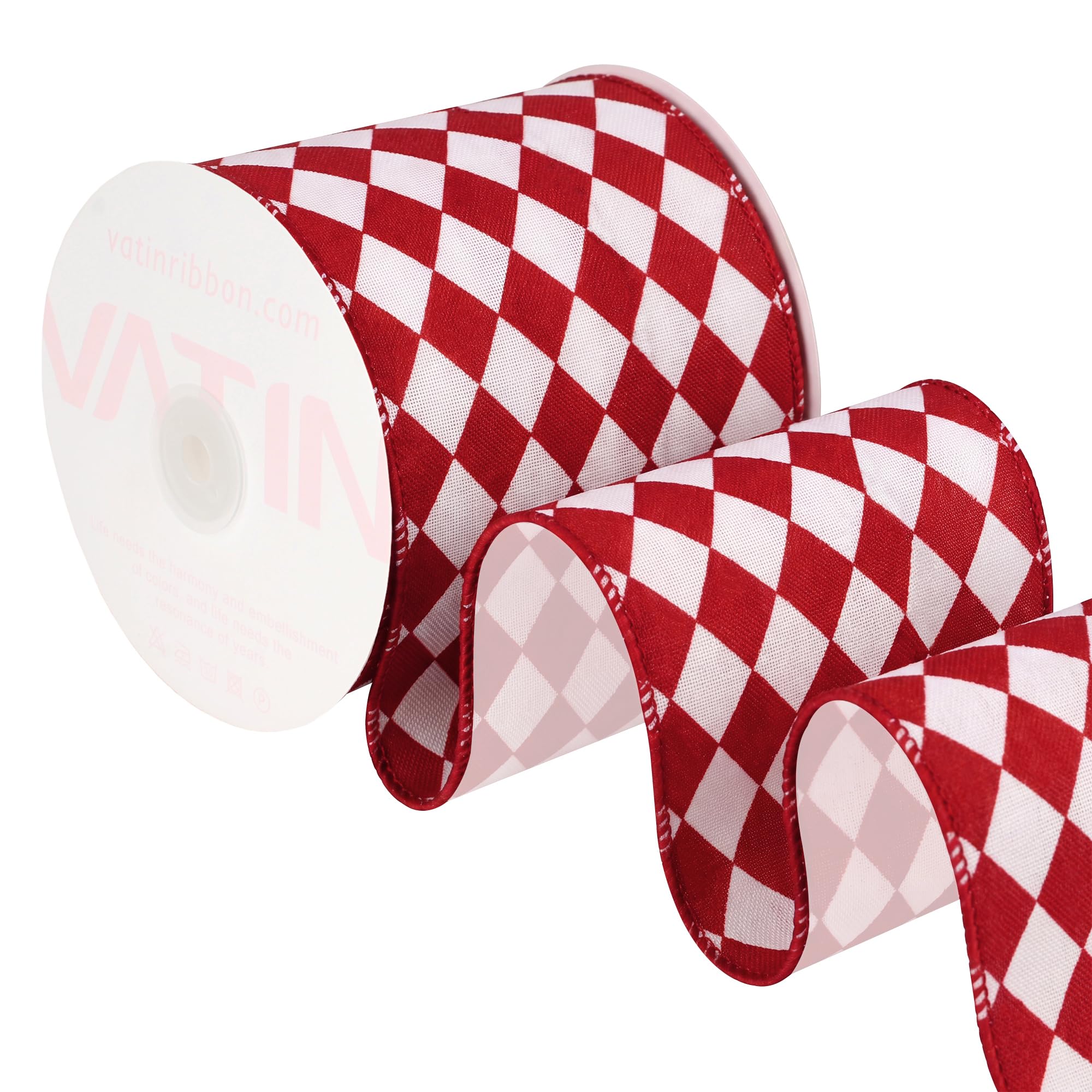 VATIN Red White Argyle Diamond Check Wired Ribbon,100 MM x 9 M