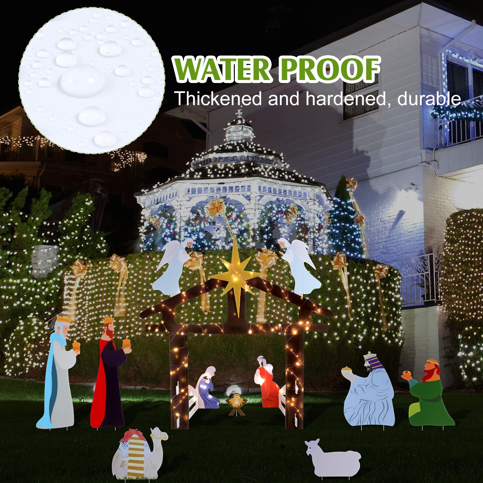 12 Pcs Outdoor Nativity Scene Display Set Christmas Large Holy Nativity Yard Signs Lawn Nativity Scene Manger Scene Religious Signs with String Lights for Home Yard Lawn Holiday Decor (Multicolor)