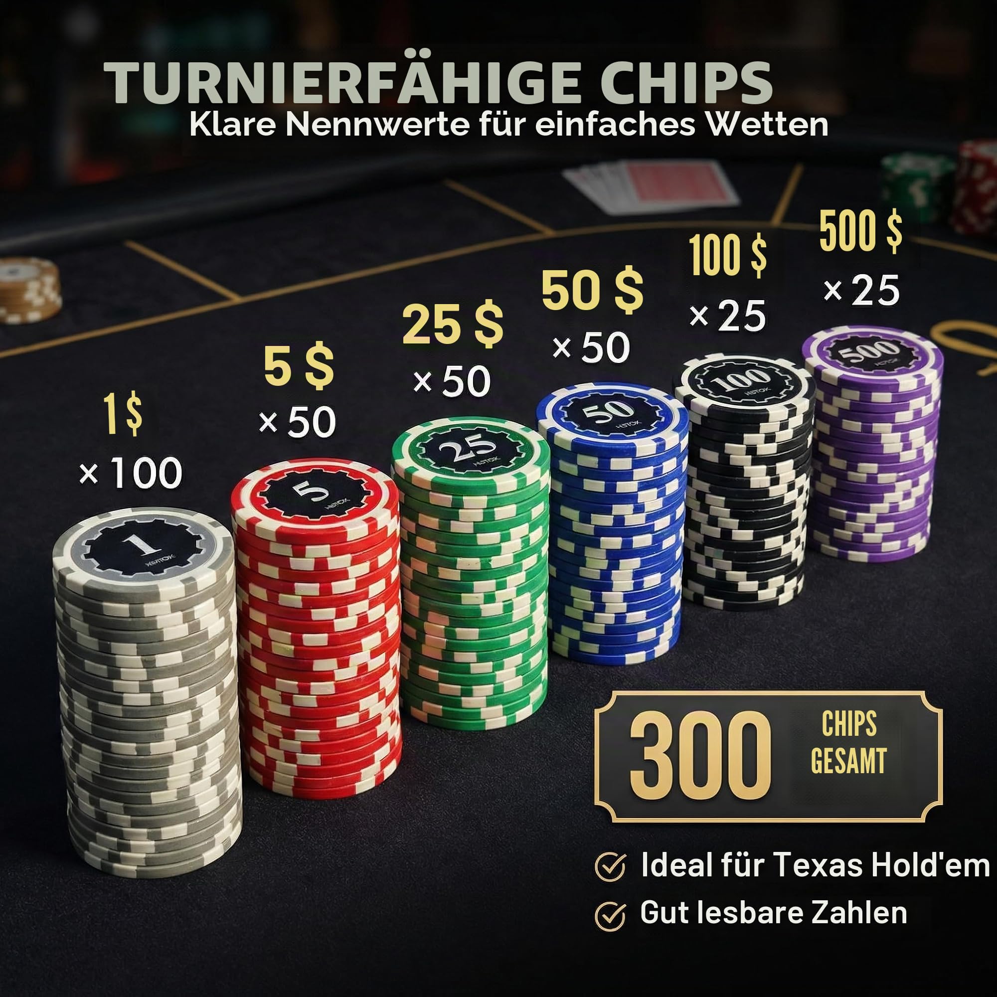 HEITOK Pokerkoffer 300 Pokerchips 11,5g Eisenkern nummeriert Texas Holdem | Blackjack, Heimcasino, 2-8 Spieler, lesbare Werte, 2 Decks, 5 Würfel, Dealer+Blind Buttons, Transport, schneller Tischaufbau